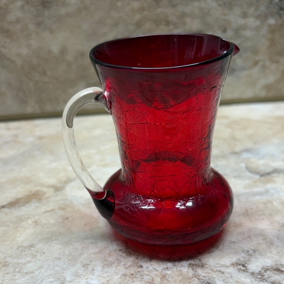 Vintage Pilgrim Glass Pitcher Red Crackle Glass Clear Handle 3 1/2" - Picture 5 of 12